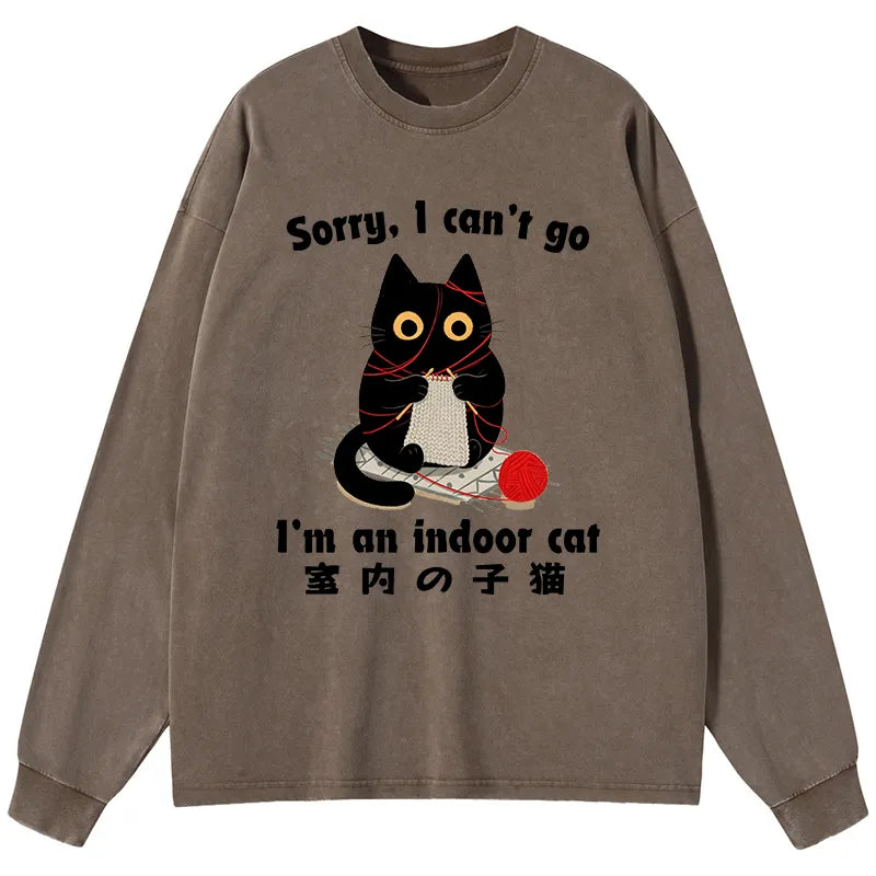 Kyoto-Lion Indoor Cat Meme Washed Long Sleeve T-Shirt