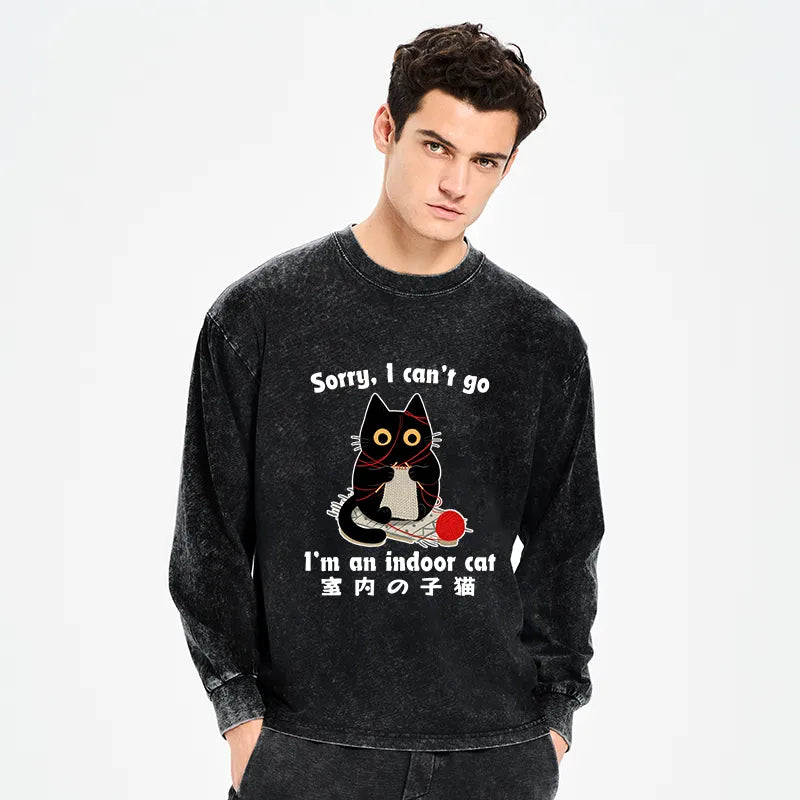 Kyoto-Lion Indoor Cat Meme Washed Long Sleeve T-Shirt