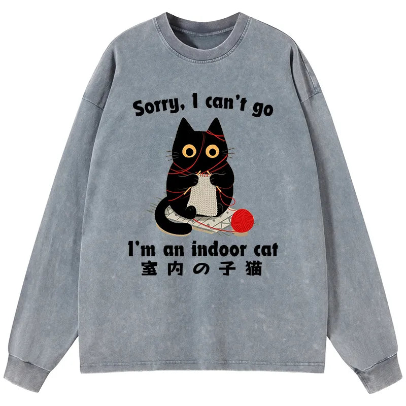 Kyoto-Lion Indoor Cat Meme Washed Long Sleeve T-Shirt