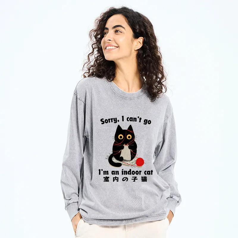 Kyoto-Lion Indoor Cat Meme Washed Long Sleeve T-Shirt