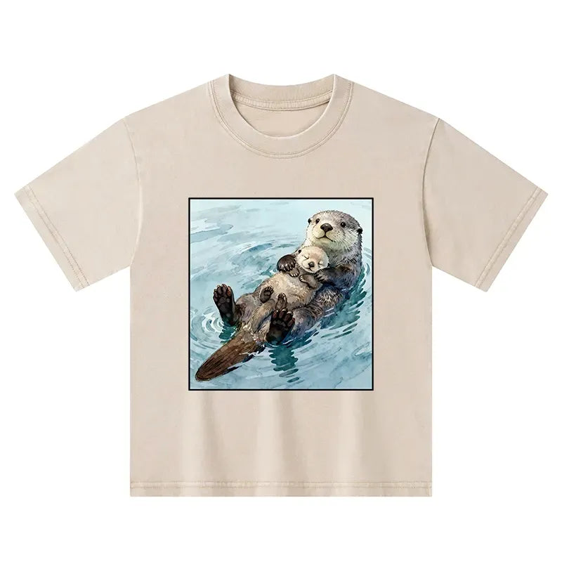 Kyoto-Lion Adorable Sea Otters Kids Washed T-Shirt