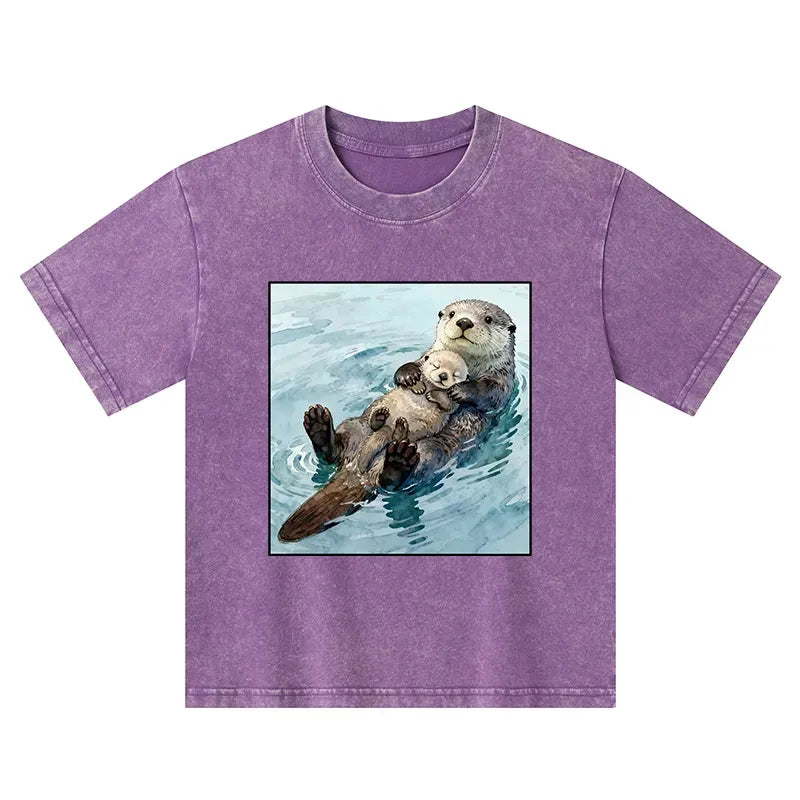 Kyoto-Lion Adorable Sea Otters Kids Washed T-Shirt