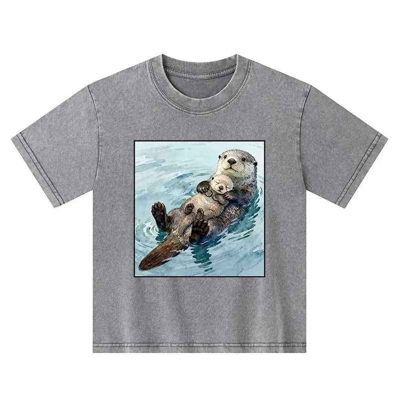 Kyoto-Lion Adorable Sea Otters Kids Washed T-Shirt