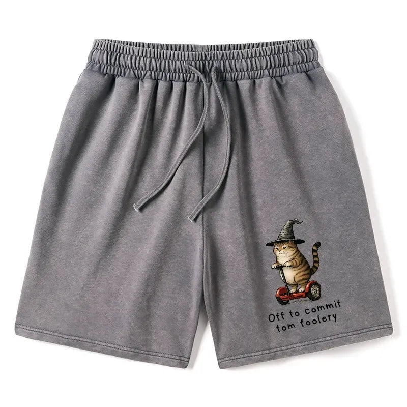 Kyoto-Lion Orange Cat Riding Segway-style Washed Shorts