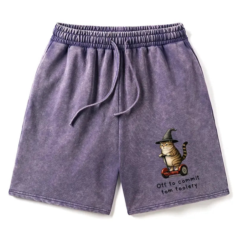 Kyoto-Lion Orange Cat Riding Segway-style Washed Shorts