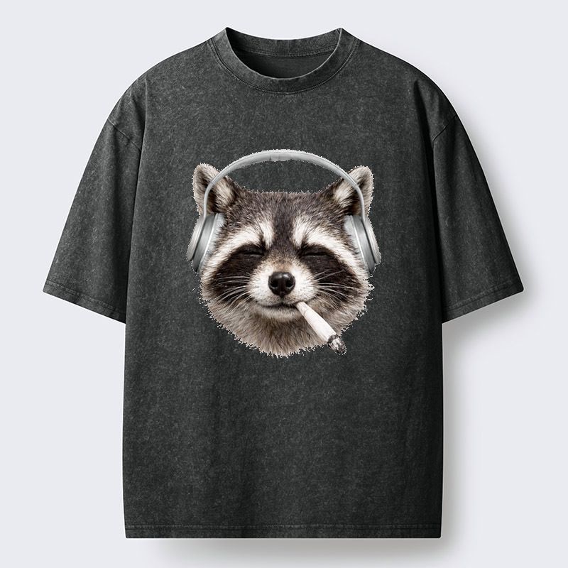 Kyoto-Lion Raccoon Listening To Music Now Washed T-Shirt