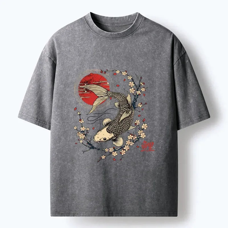 Kyoto-Lion Traditional Koi Fish Art Print Washed T-Shirt