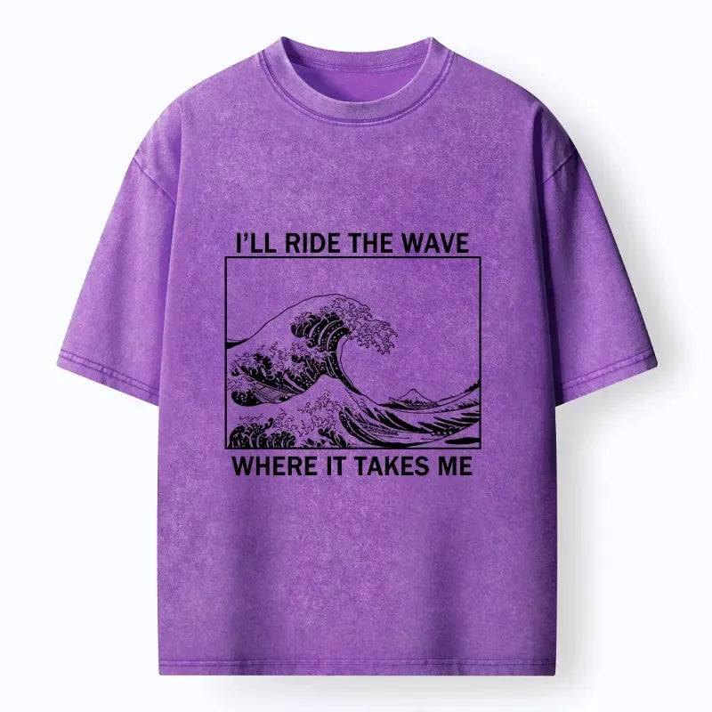 Kyoto-Lion Stylish Black And White Wave Art Washed T-Shirt