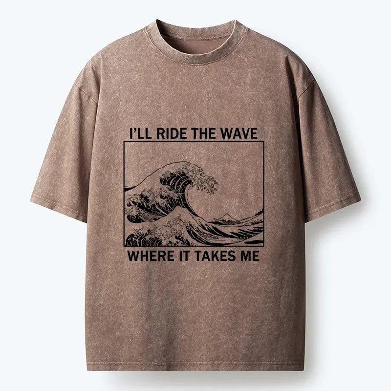 Japanese Wave Art Washed T-Shirt for Daily Wear