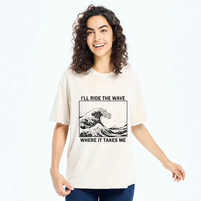 Japanese Wave Art Washed T-Shirt for Daily Wear