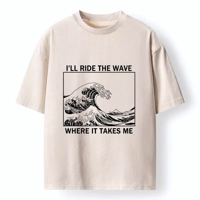 Japanese Wave Art Washed T-Shirt for Daily Wear