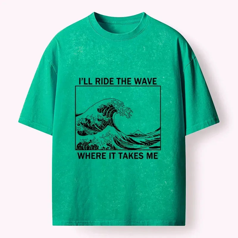 Kyoto-Lion Stylish Black And White Wave Art Washed T-Shirt