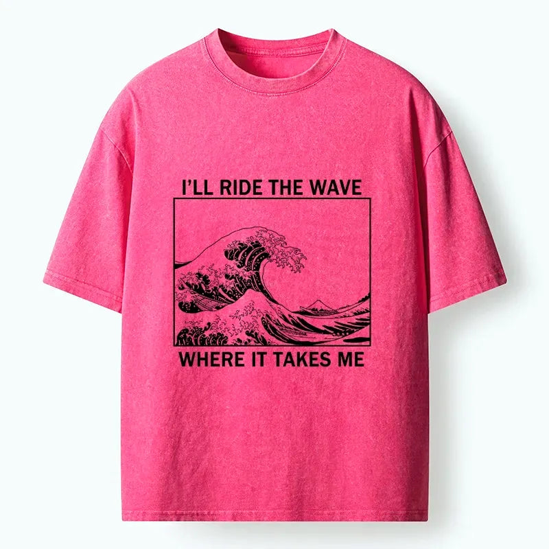 Japanese Wave Art Washed T-Shirt for Daily Wear