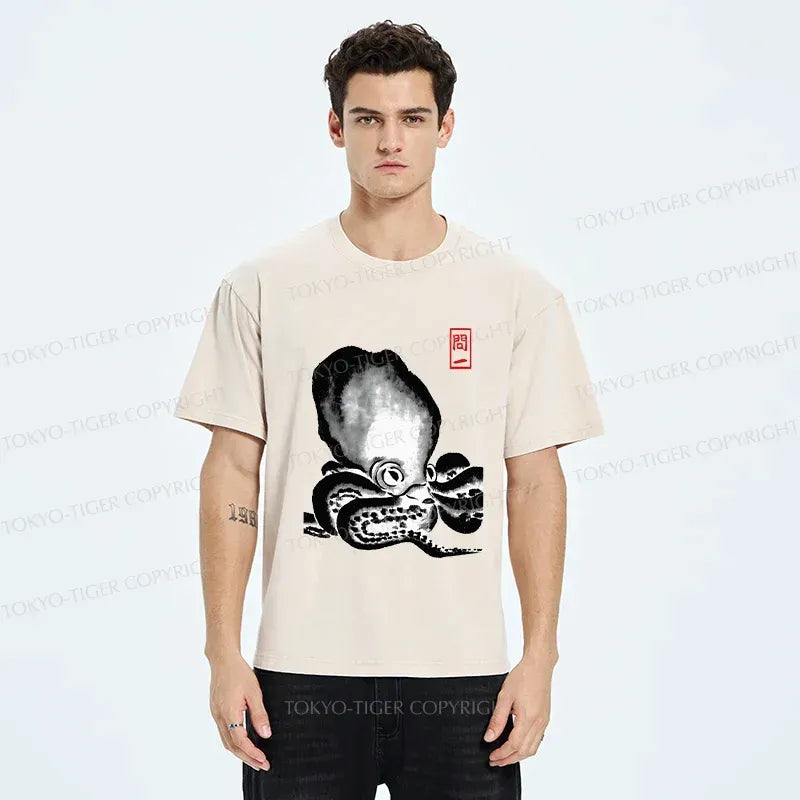 japanese retro octopus washed t shirt