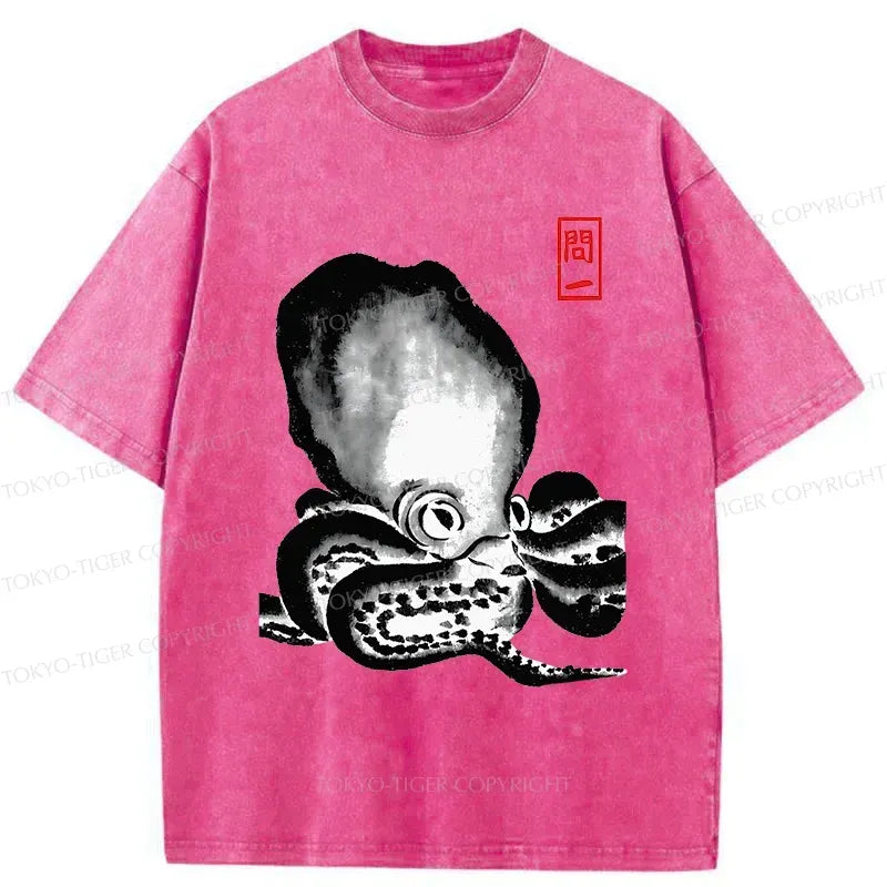 japanese retro octopus washed t shirt