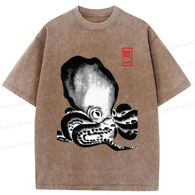 japanese retro octopus washed t shirt