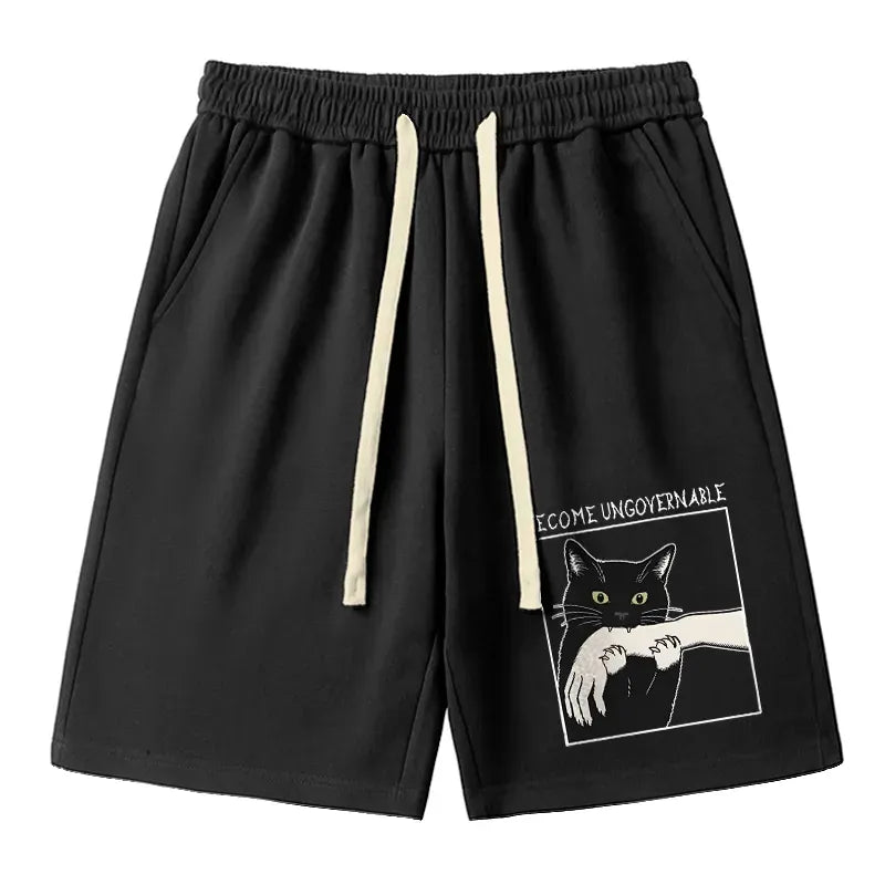 Kyoto-Lion Black Cat Biting Unisex Shorts