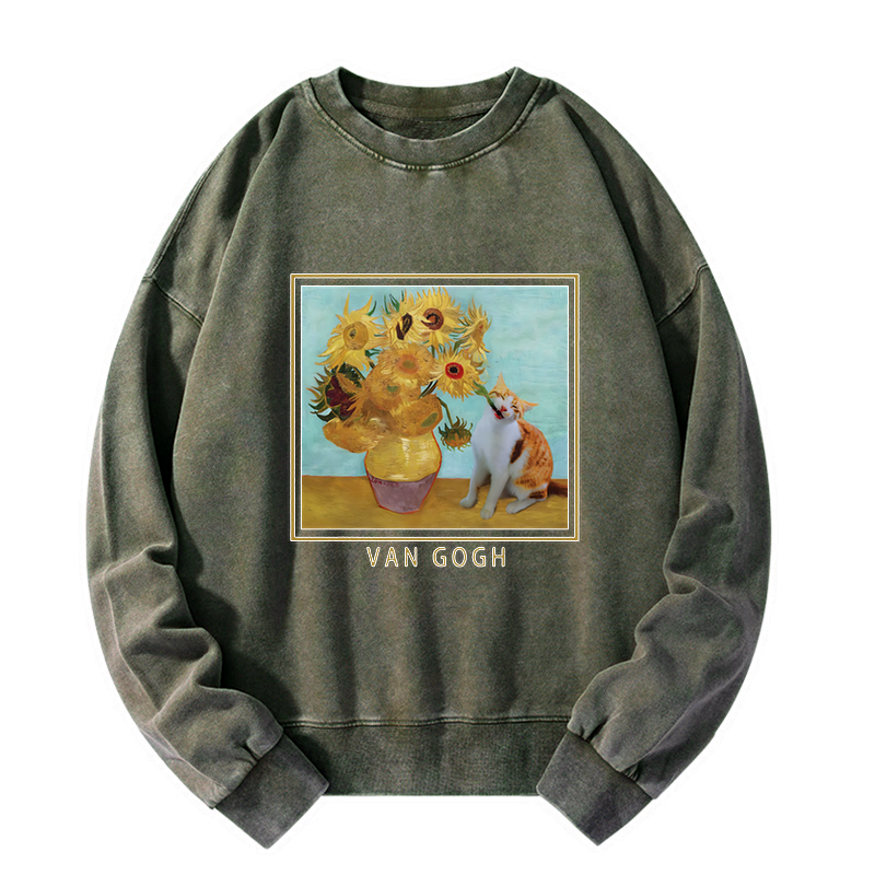 Kyoto-Lion Naughty Cat Biting Sunflower Washed Sweatshirt