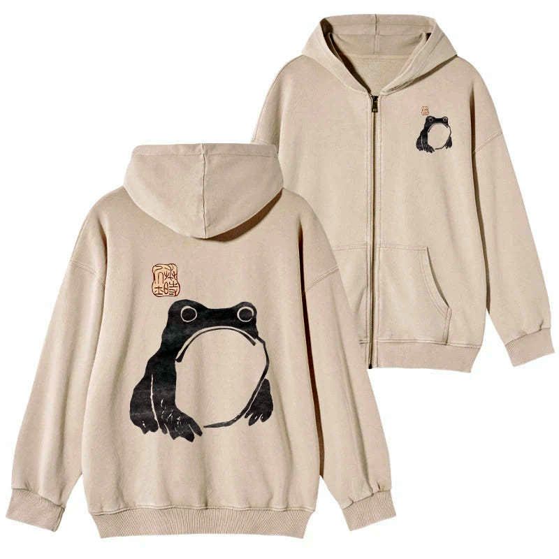 Kyoto-Lion Matsumoto Hoji Woodblock Print Frog Washed Zip Hoodie