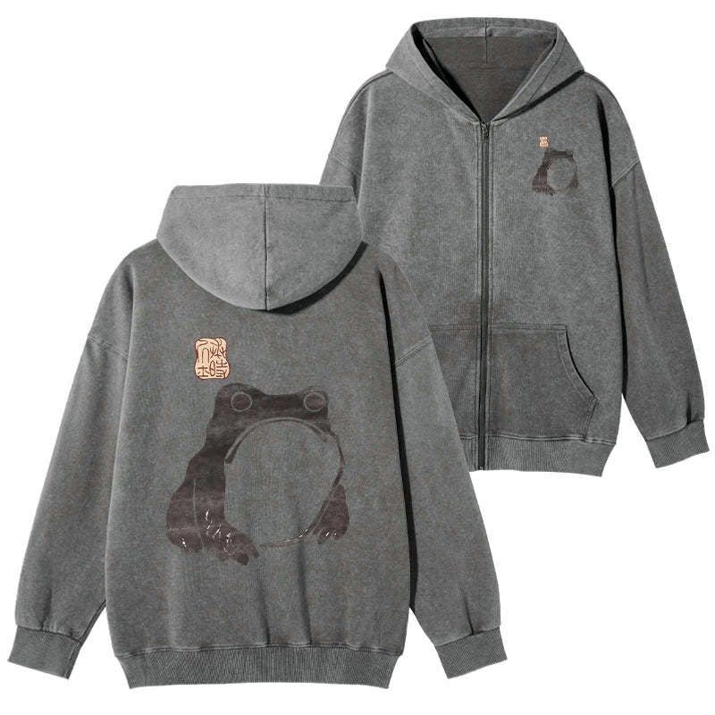 Washed Ukiyo-e Frog Hoodie for Casual Wear