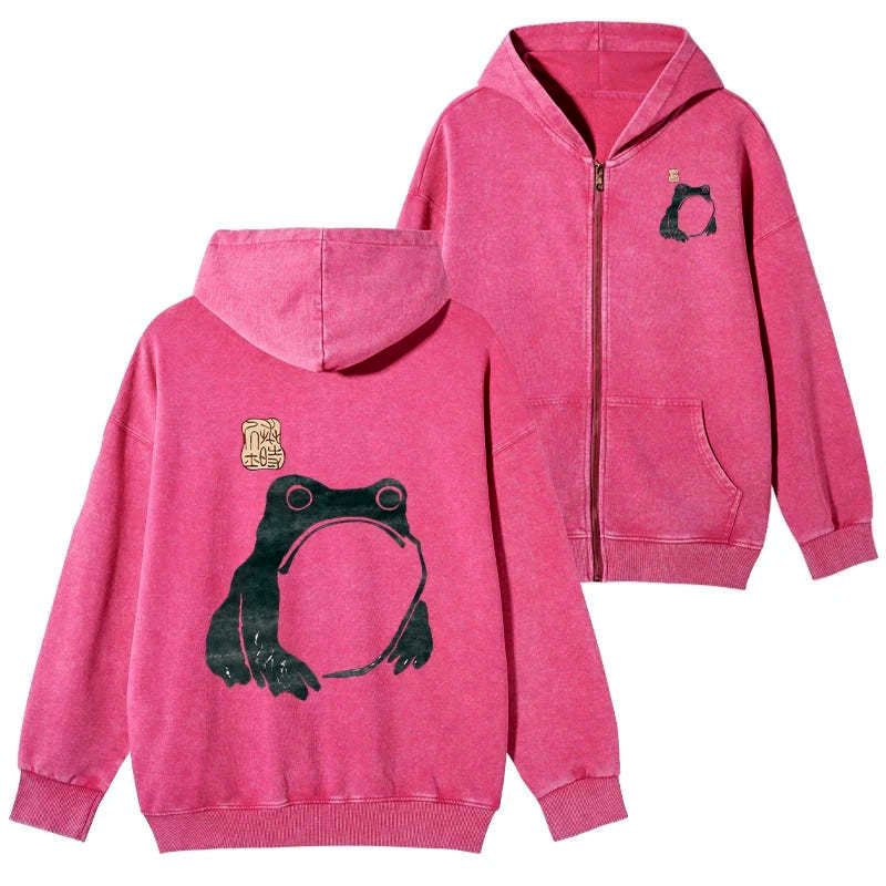 Kyoto-Lion Matsumoto Hoji Woodblock Print Frog Washed Zip Hoodie