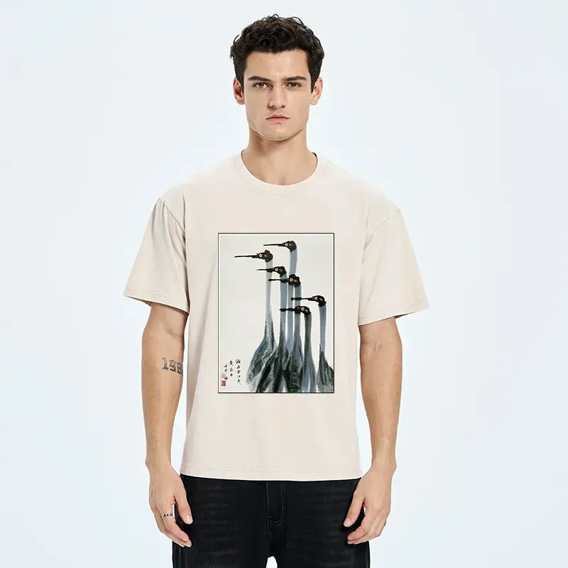 Kyoto-Lion Retro Crane Painting Washed T-Shirt