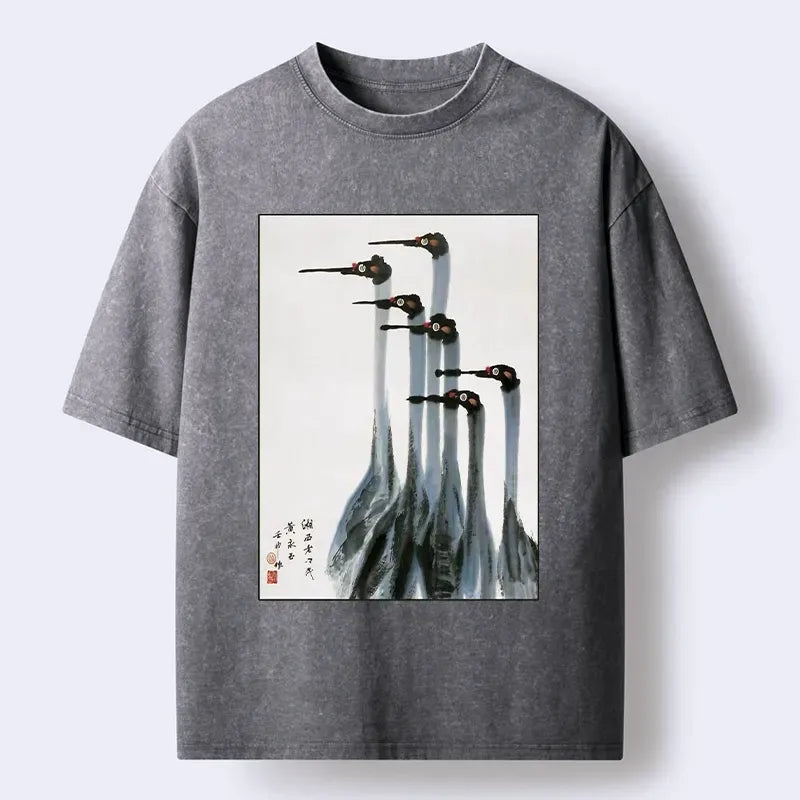 Japanese retro crane painting t-shirt for daily wear