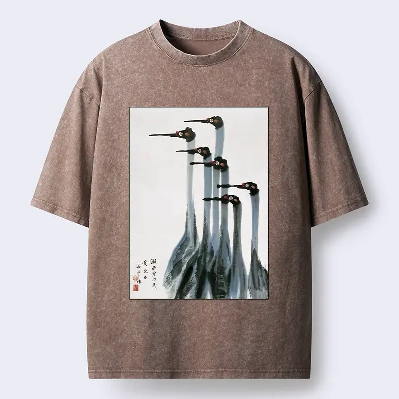 Japanese retro crane painting t-shirt for daily wear