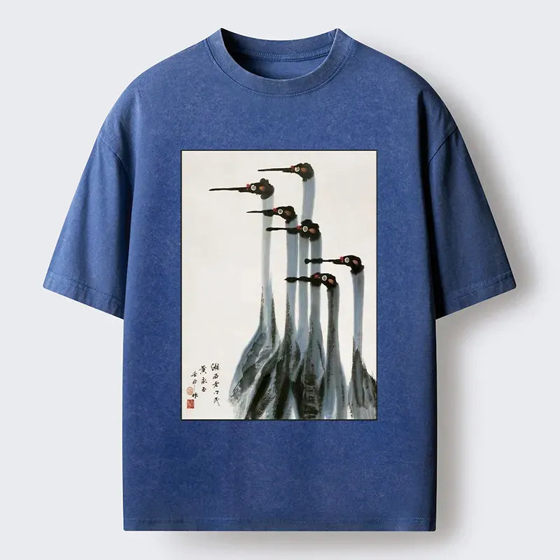 Kyoto-Lion Retro Crane Painting Washed T-Shirt