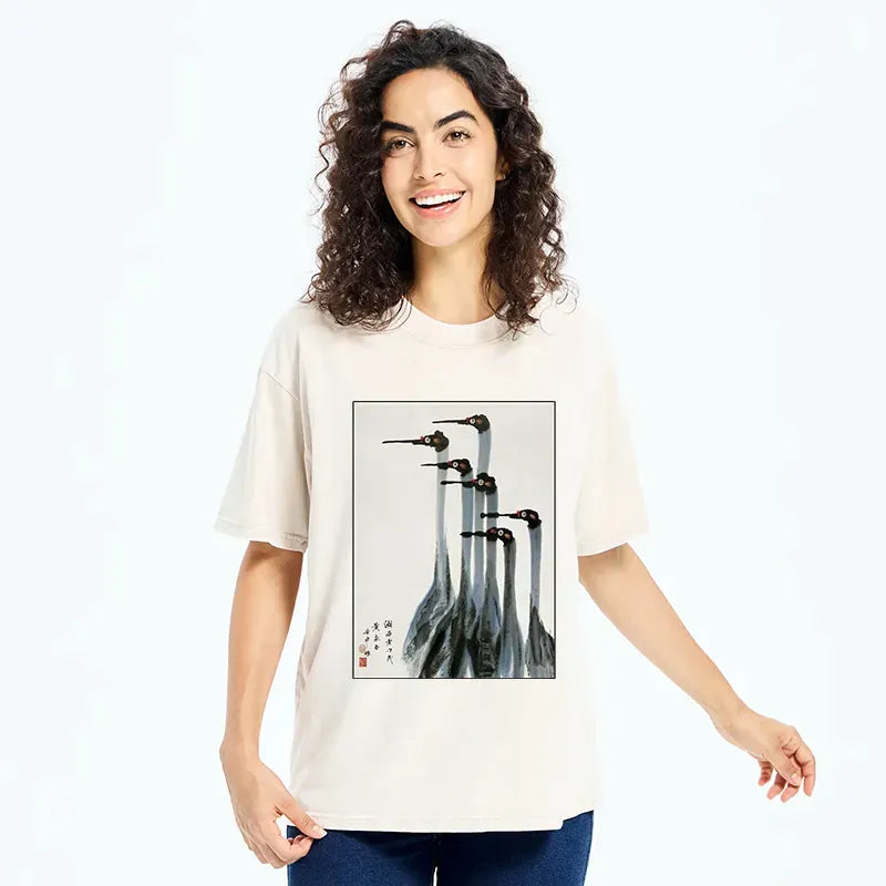 Japanese retro crane painting t-shirt for daily wear
