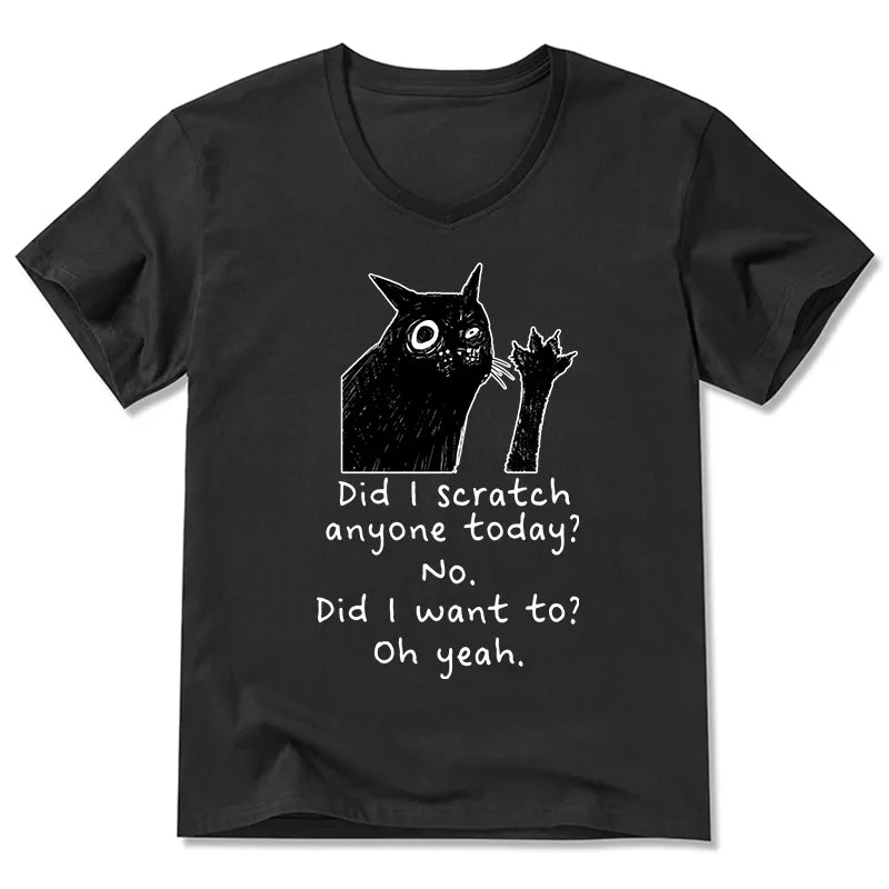 Kyoto-Lion Black Cat Scratches People V-Neck Classic T-Shirt