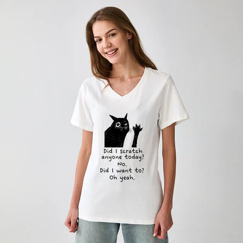 Kyoto-Lion Black Cat Scratches People V-Neck Classic T-Shirt