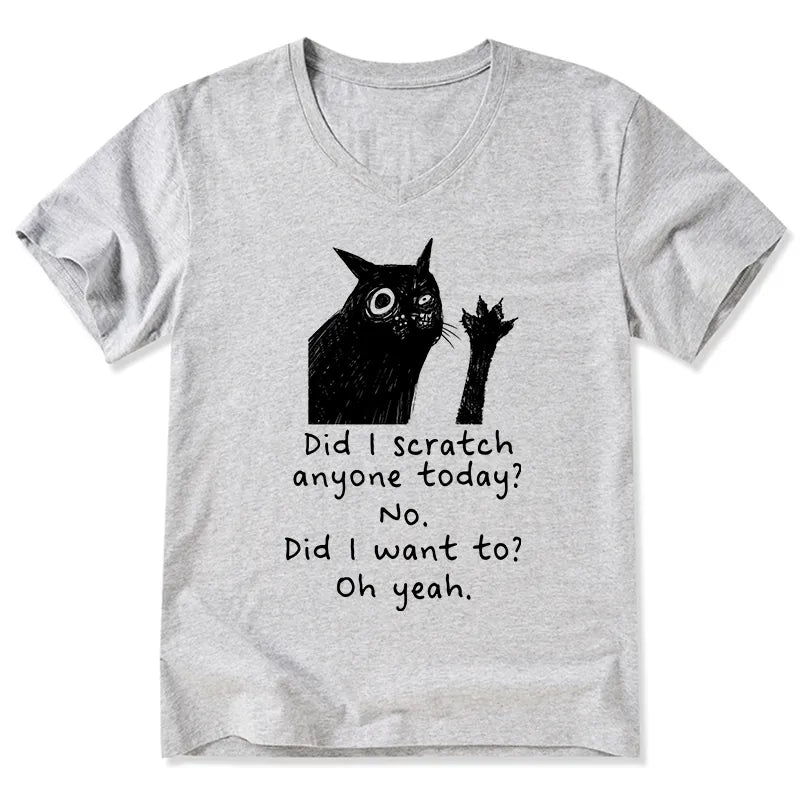 Kyoto-Lion Black Cat Scratches People V-Neck Classic T-Shirt