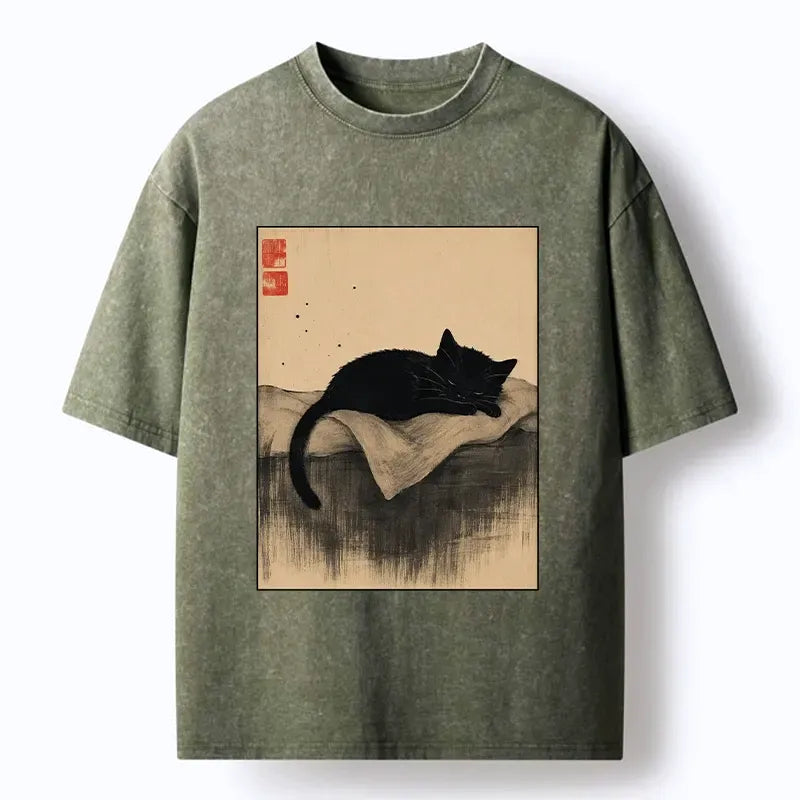 Japanese ink wash black cat t-shirt