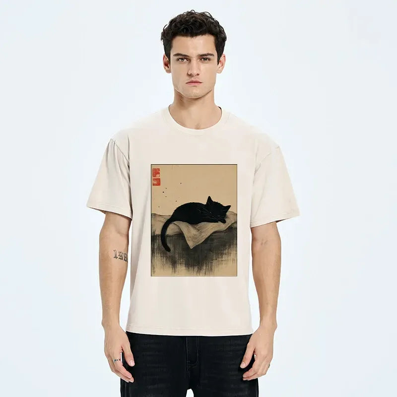 Japanese ink wash black cat t-shirt