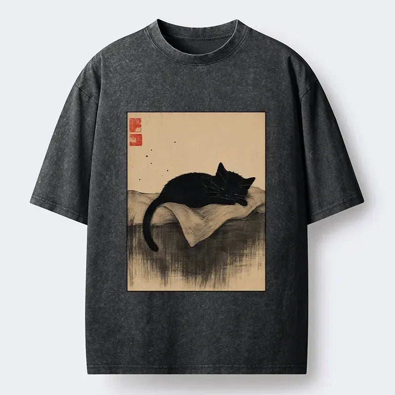 Japanese ink wash black cat t-shirt