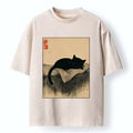 Kyoto-Lion Sleeping Black Cat In Ink Wash Style Washed T-Shirt