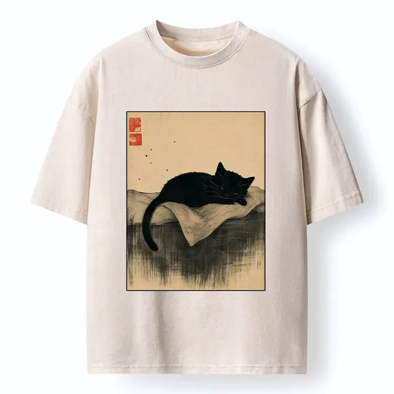 Kyoto-Lion Sleeping Black Cat In Ink Wash Style Washed T-Shirt