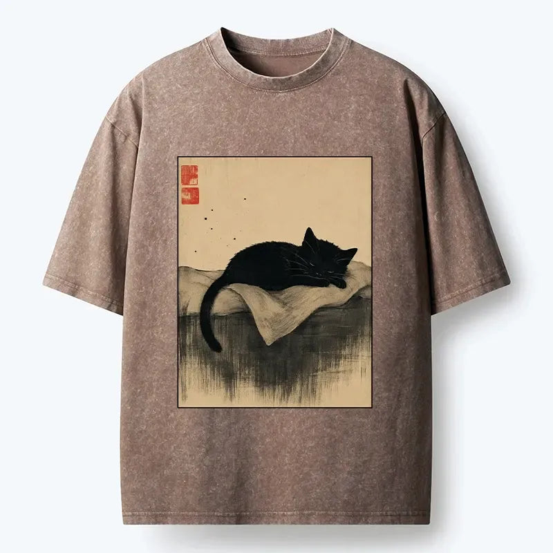 Japanese ink wash black cat t-shirt