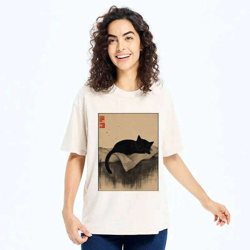 Japanese ink wash black cat t-shirt
