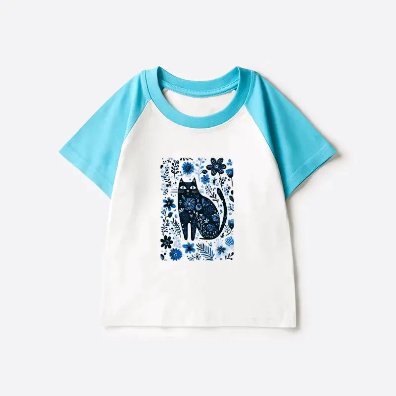 Japanese Cat Among Flowers Kids Tee