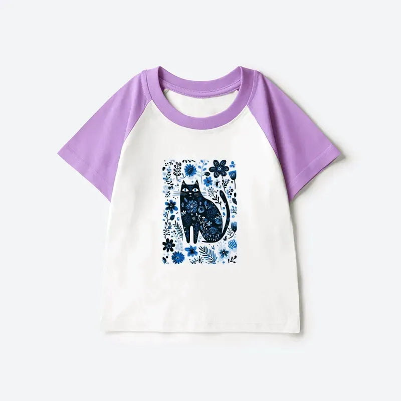 Japanese Cat Among Flowers Kids Tee