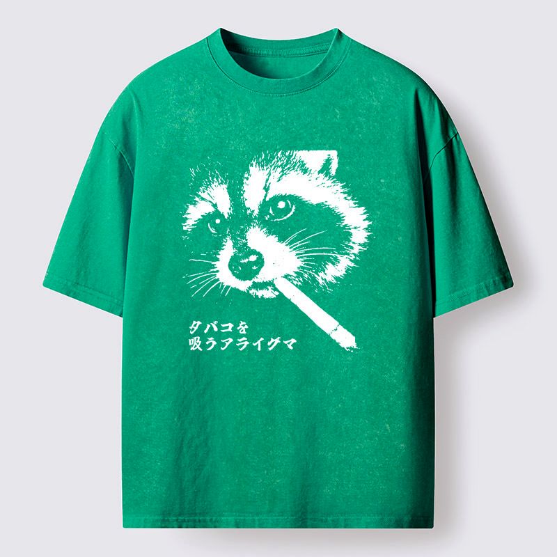 Kyoto-Lion Somking Raccoon Washed T-Shirt