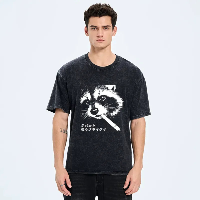 Japanese Vintage Washed Raccoon T-Shirt for Men