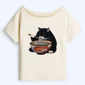 Kyoto-Lion Fat Cat Eating Ramen Off Shoulder T-Shirt