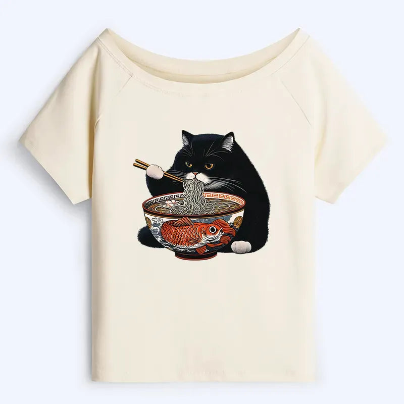 Kyoto-Lion Fat Cat Eating Ramen Off Shoulder T-Shirt