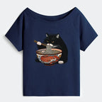 Kyoto-Lion Fat Cat Eating Ramen Off Shoulder T-Shirt