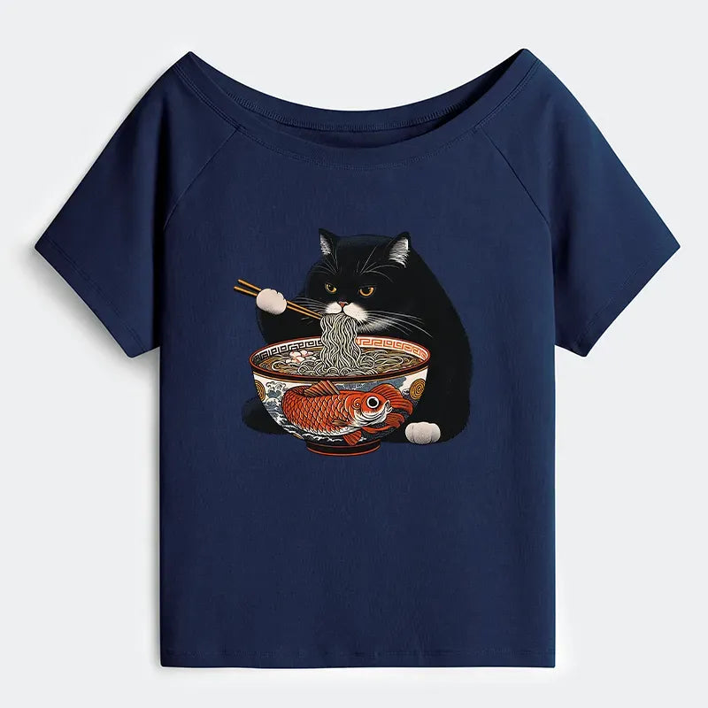 Kyoto-Lion Fat Cat Eating Ramen Off Shoulder T-Shirt