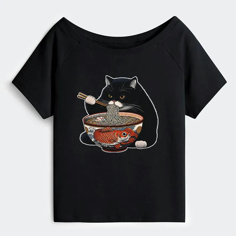 Kyoto-Lion Fat Cat Eating Ramen Off Shoulder T-Shirt