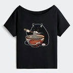 Kyoto-Lion Fat Cat Eating Ramen Off Shoulder T-Shirt